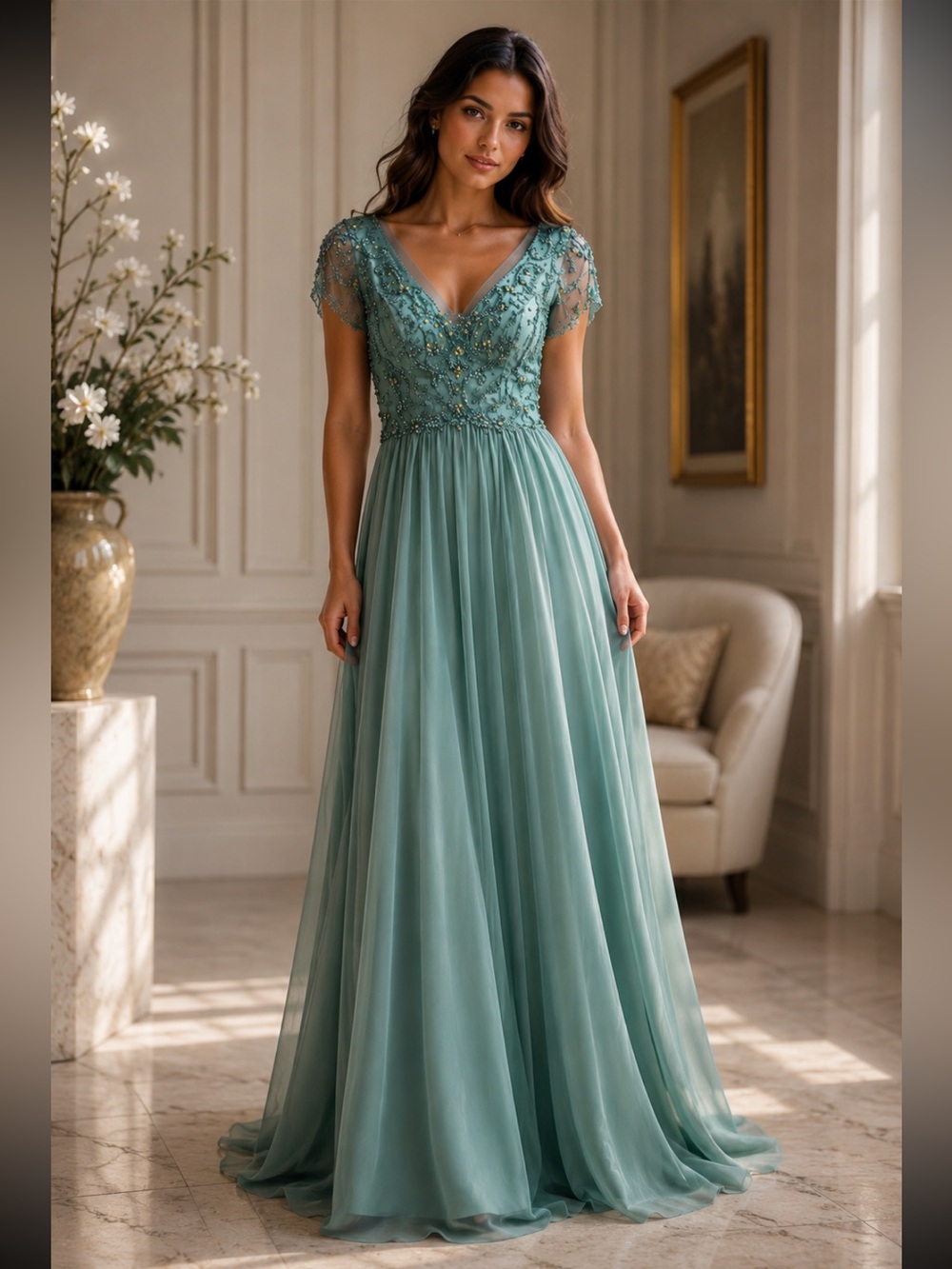 Cameron Blake by  Mon Cheri beaded short sleeves fit and flare long Gown